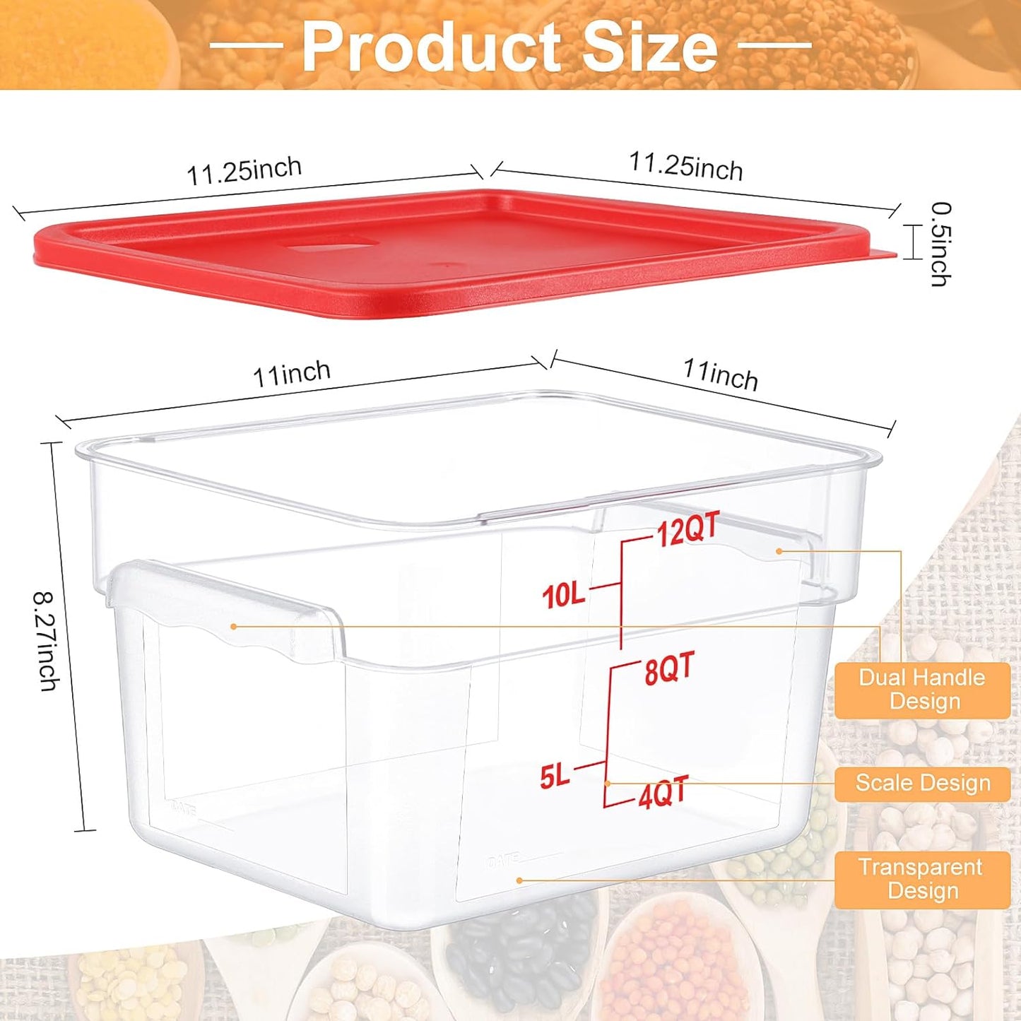 8 Pack Polycarbonate Square Food Storage Container with Red Lids 12 Qt Food Storage Containers Commercial Airtight Clear Bucket Brining Food Container