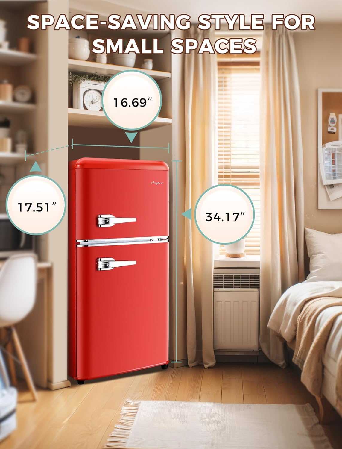 3.2 Cu.Ft Compact Refrigerator Mini Fridge with Freezer, Retro Double Door Small Fridge, 7 Level Thermostat Removable Shelves, Small Refrigerator for Dorm, Office, Bedroom, Red