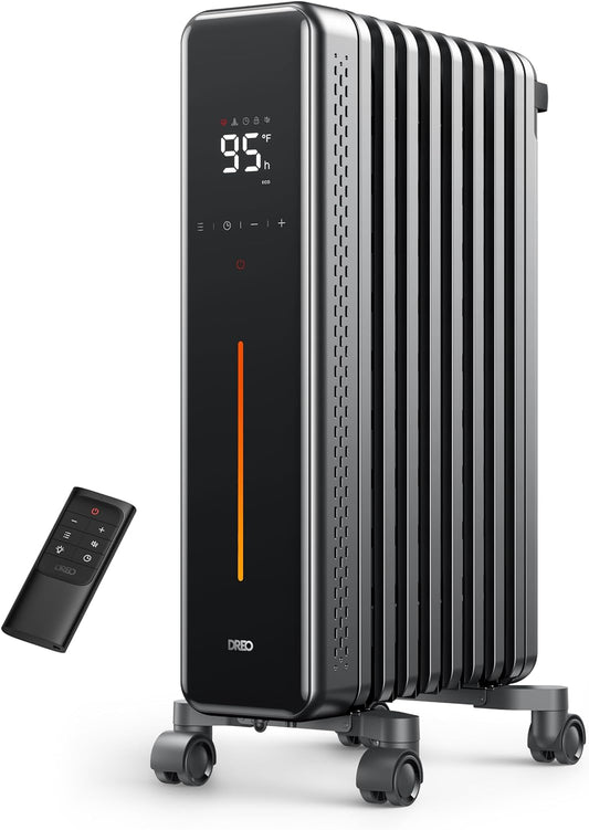 Dreo Oil Filled Radiator, 1500W Electric Radiant Heaters with Remote Control, 4 Modes, Overheat & Tip-Over Protection, 24h Timer, Quiet, Digital Thermostat, Safety for Indoor Use, Large Space