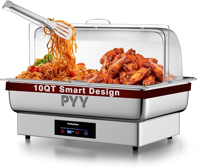 PYY Electric Chafing Dishes for Buffet 10 QT - Roll Top Electric Chafing Dish with Temperature Control Display, Fancy Chafing Dish Buffet Set with Half Size Pans for Catering, Parties and Restaurants