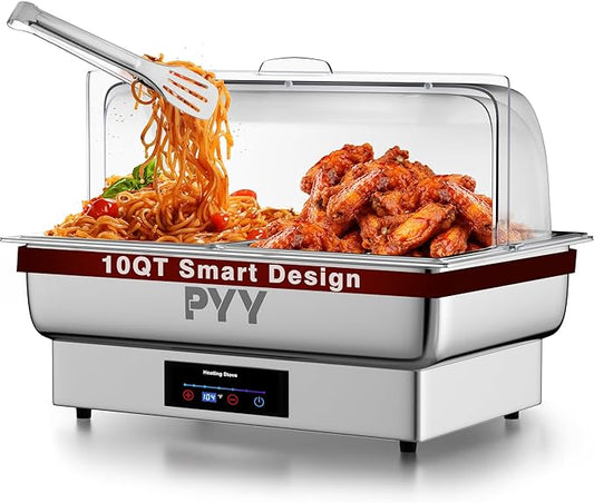 PYY Electric Chafing Dishes for Buffet 10 QT - Roll Top Electric Chafing Dish with Temperature Control Display, Fancy Chafing Dish Buffet Set with Half Size Pans for Catering, Parties and Restaurants