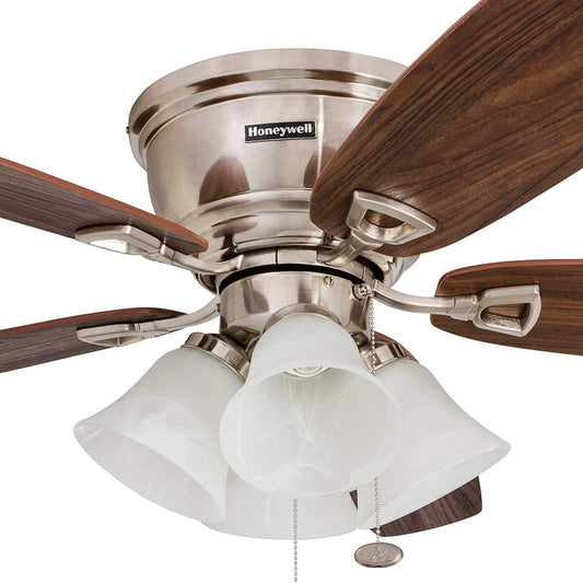 Honeywell Ceiling Fans Glen Alden, 52 Inch Classic Flush Mount Indoor LED Ceiling Fan with Light, Pull Chain, Quick-2-Hang Dual Finish Blades, Reversible Motor - 50182 (Brushed Nickel)