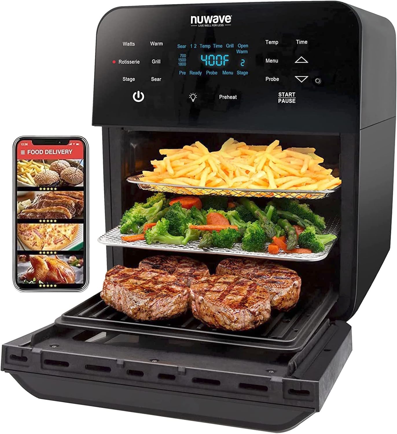 Nuwave Brio Air Fryer Oven, 15.5Qt X-Large Family Size, SS Rotisserie Basket &Skewer-Kit, Reversible Ultra Non-Stick Grill/Griddle Plate, Powerful 1800W, Integrated Smart Thermometer,Black