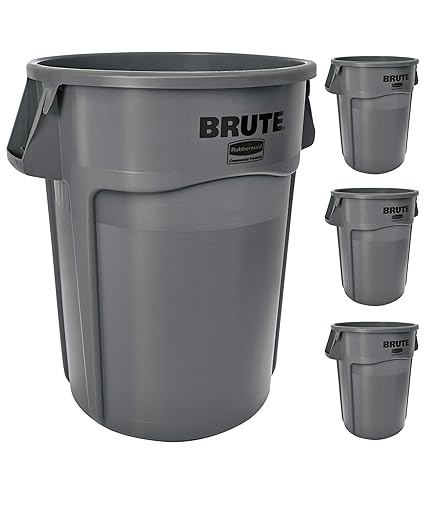 Rubbermaid Commercial Products BRUTE Heavy-Duty Trash/Garbage Can, 44-Gallon, Gray, Wastebasket for Home/Garage/Bathroom/Outdoor/Driveway, Pack of 4