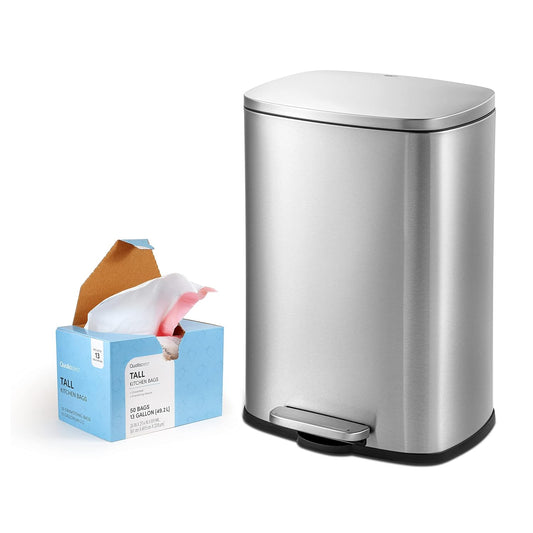 50L/13Gal Stainless Steel Commercial/Kitchen Step Trash Can & 13 Gal Trash Bag Set, Soft Close Lid, Rectangle Shape (50L RECT & Bag)