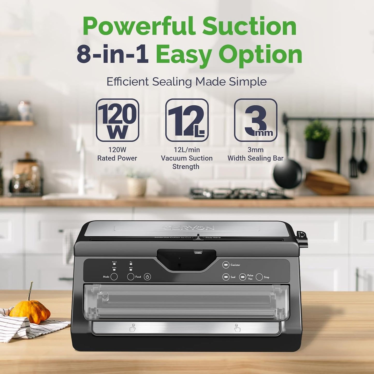 GERYON Vacuum Sealer - Deluxe Food Sealer Machine with Built-in Bag Cutter and Roll Storage, Strong Suction for Food Preservation Saver, Dry Moist Food Mode - Starter Kit with Vacuum Seal Bags & Roll