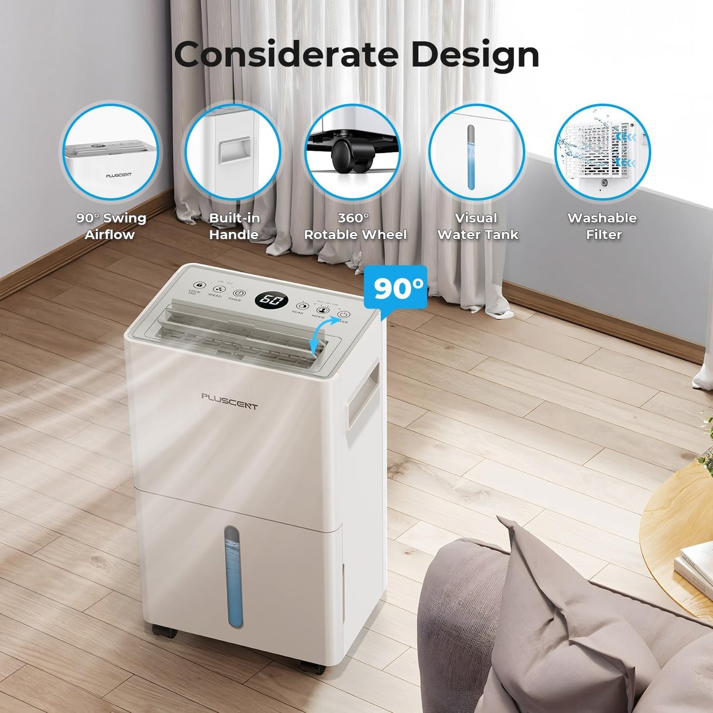 1500 Sq.ft Dehumidifier for Basement, PlUSCENT 21 Pints Quiet Dehumidifiers for Home, Large Room, Bedroom with Drain Hose, Smart Humidity Control & Monitor, 3 Operation Modes, 24H Timer, Auto Defrost