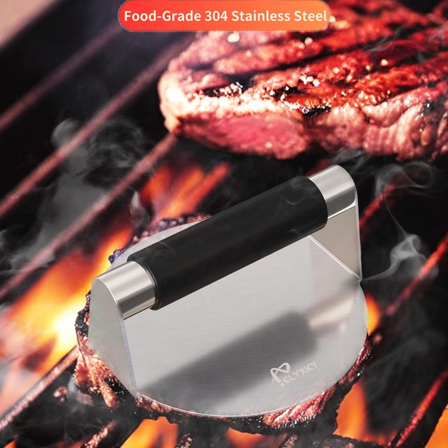 Food Grade 304 Stainless Steel Smash Burger Press, 5.5 Inch Round Smasher, Hamburger Press with Silicone Anti-Scald Handle. Product Designed for use with Ground Beef, Meat, Sausage