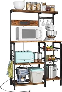 Kitchen Bakers Rack with Power Outlet, Bakers Racks for Kitchen with Storage, Microwave Stand with Storage, Kitchen Rack and Shelves with 2 Wire Baskets, 10 S-Hooks, Kitchen Storage Shelves