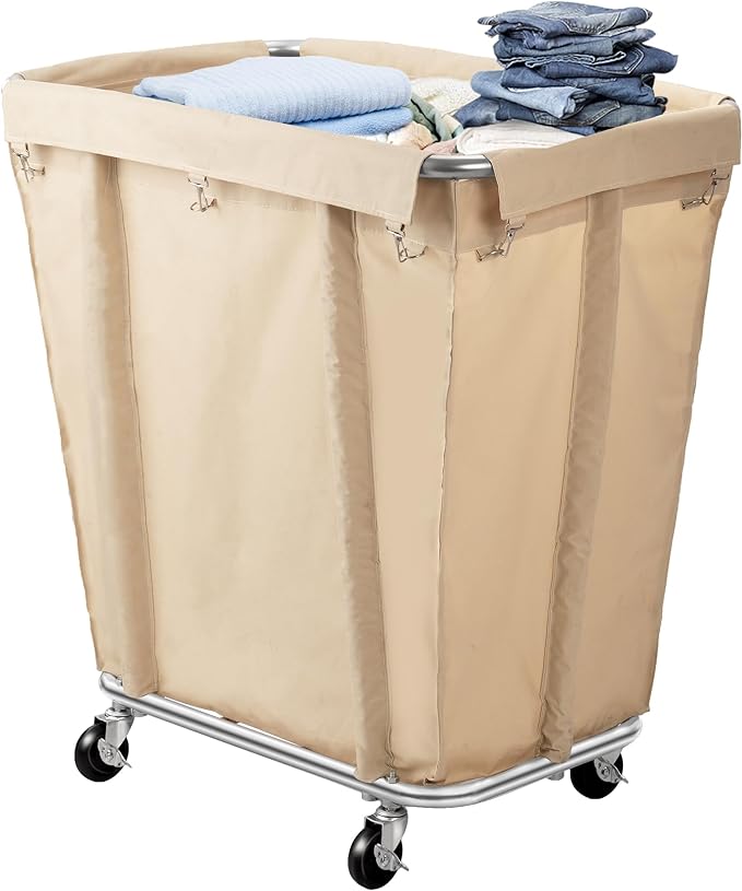 Laundry Cart with Wheels, 320L Capacity Commercial Laundry Sorter Rolling Laundry Hamper with Waterproof Oxford Basket and Sturdy Steel Frame, 260 lbs Load, Beige