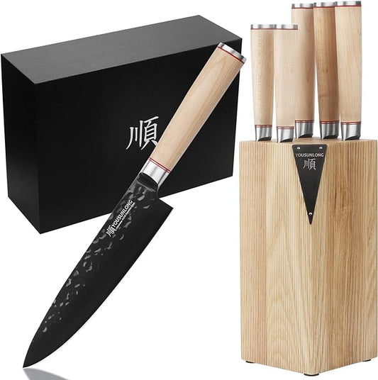 YOUSUNLONG Knife Block Sets - 5 Piece Chef Knife Set - Japanese AUS8 Steel Black Titanium - Natural Fraxinus Americana Wood Knife Holder - Canadian Maple Wood Handle - With Gift Box