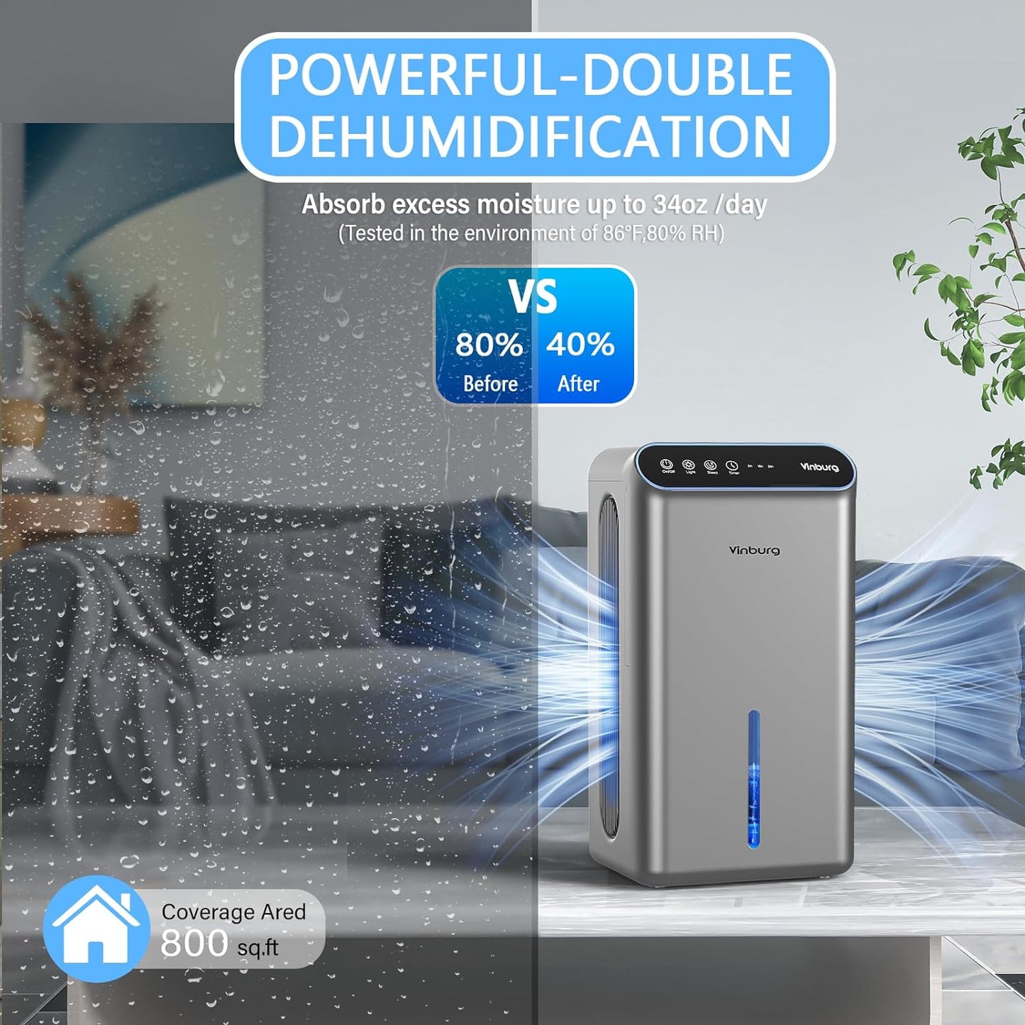 Dehumidifier for Home, 85 OZ Water Tank, (800 sq.ft) Dehumidifiers for Bathroom Bedroom with Auto Shut Off,7 Colors LED Blue(Space Grey)