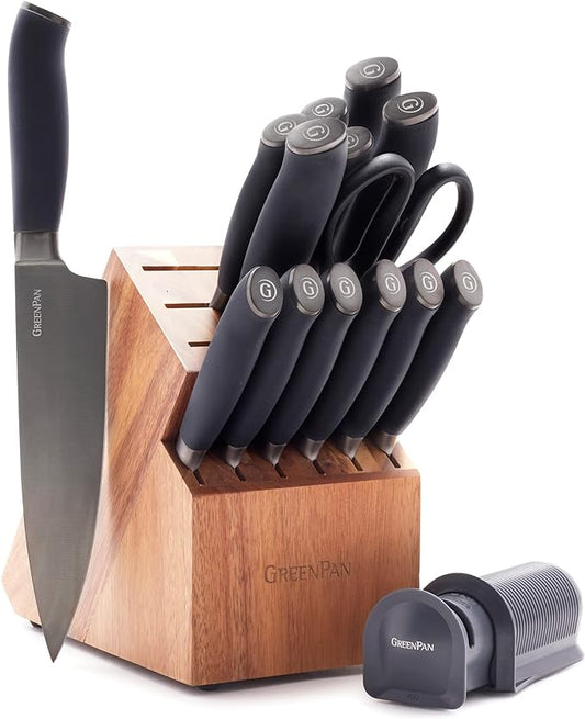 GreenPan Titanium Ultimate 16-Piece Knife Block Set, Titanium Coated, Stainless Steel, Eco-friendly, Ergonomic Grip, Slip Resistant, Balanced, Heat Treated, Hand Sharpened, Dishwasher Safe