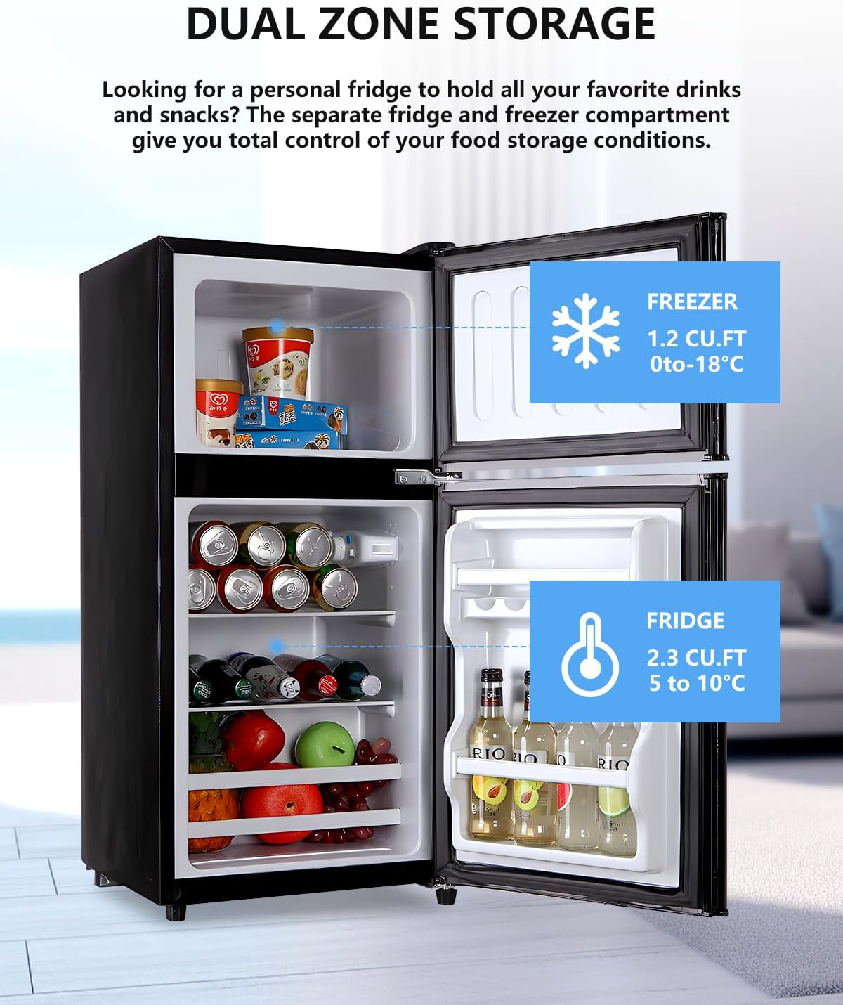 FLS-80-BLACK 3.5Cu.Ft Compact Refrigerator, Retro Fridge with Dual Door, Small Refrigerator with freezer,7 Level Adjustable Thermostat for Garage, Dorm,Bedroom