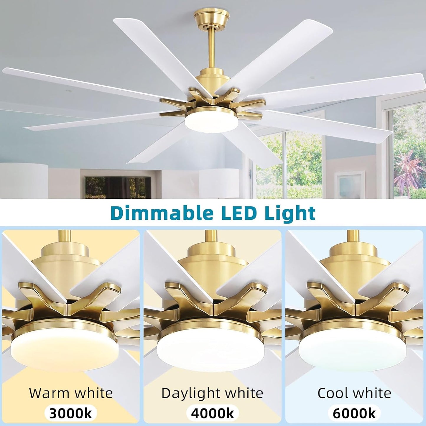 Sofucor 66 Inch Ceiling Fans with Lights and Remote, Smart Ceiling Fan with 6-Speed DC Motor Reversible Modern Industrial Gold and White Ceiling Fan for Bedroom Office Patios(8 Aluminum&ABS Blades)