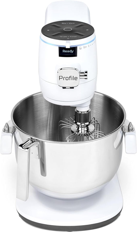 GE Profile Smart Stand Mixer w/Built-In Smart Scale & Auto Sense Technology, 7qt Stainless Steel Bowl, 11 Speed l Dough Hook, Beater, 11-wire whip l works w/Amazon Alexa & Google Home l Stone White