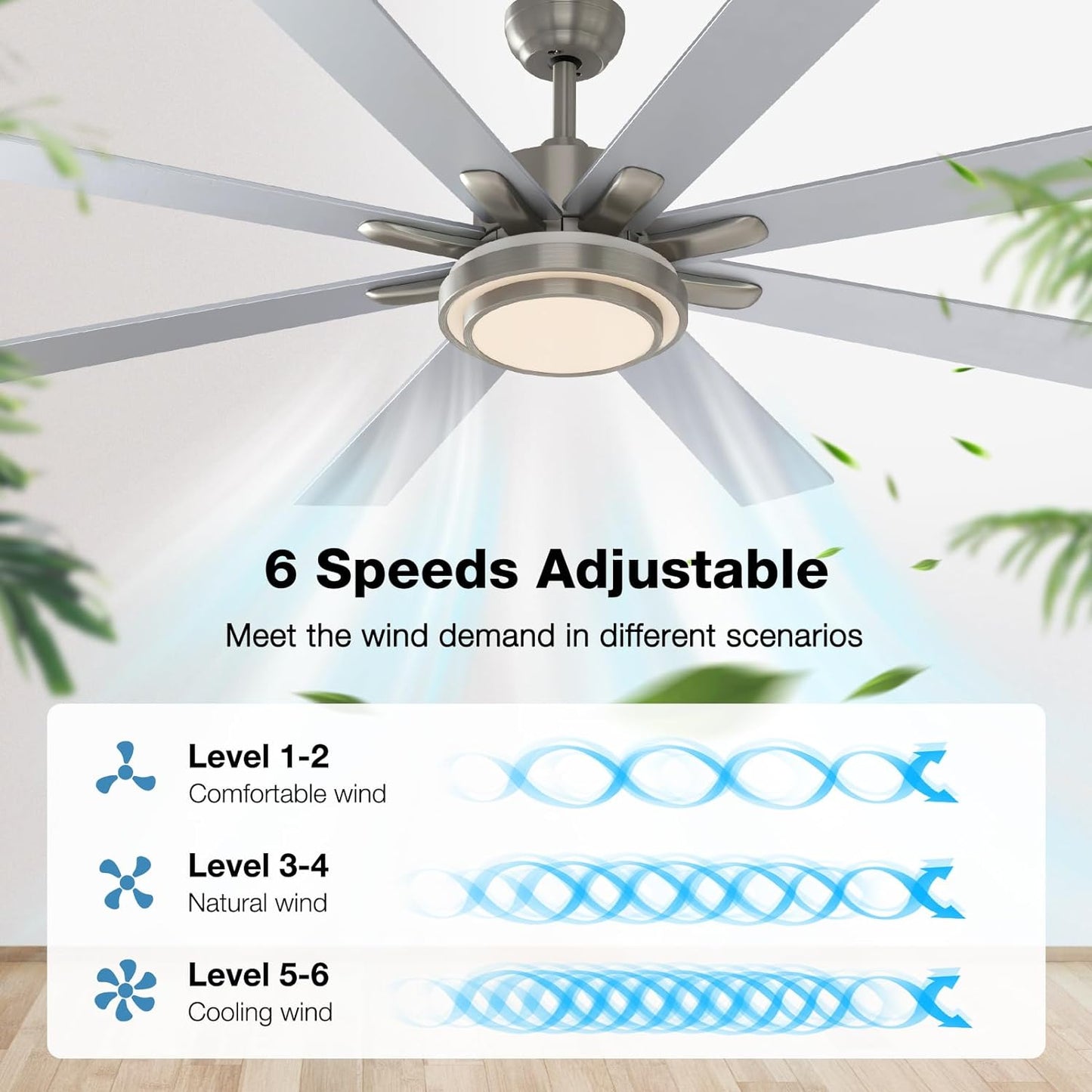 warmiplanet Ceiling Fan with Lights Remote Control, 62 Inch, DC Motor, 8 Blades (Nickel)