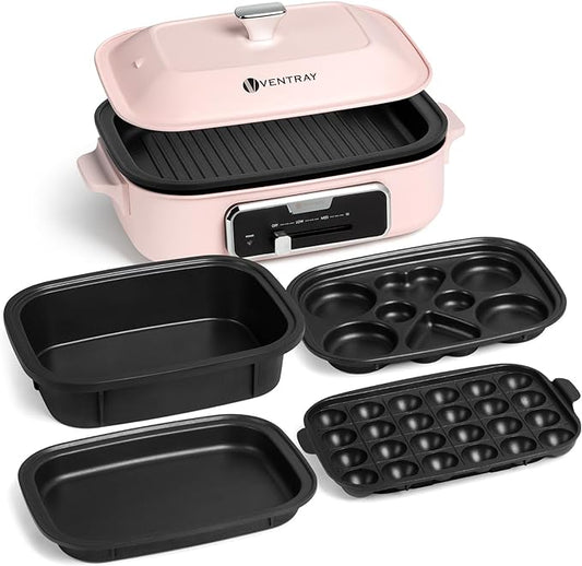 Ventray Classic Indoor Grill Set, Versatile Electric Grill Griddle Skillets Set with 5 Removable Nonstick Plates, Lid for Grilling, HotPot, BBQ, Dessert, Stir Fry, Paella Pasta Pot, Pink