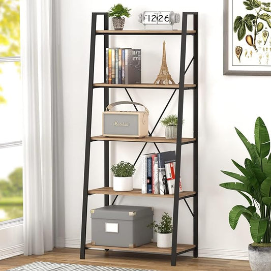 BON AUGURE Industrial 5 Tier Ladder Bookshelf, Wood and Metal Ladder Shelf Bookcase, Farmhouse Leaning Shelves for Living Room (Vintage Oak)