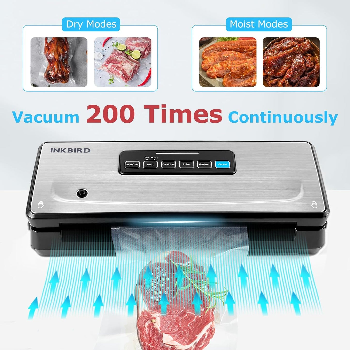 Food Vacuum Sealer Machine 10-In-1 with Bag Storage(Up to 20FT) and Cutter, INKBIRD Food Sealer Vacuum Sealer for Food with Moist/Dry/Canister 5 Food Modes, Starter Kits Bags*5 and Bag Roll*1, 85KPa