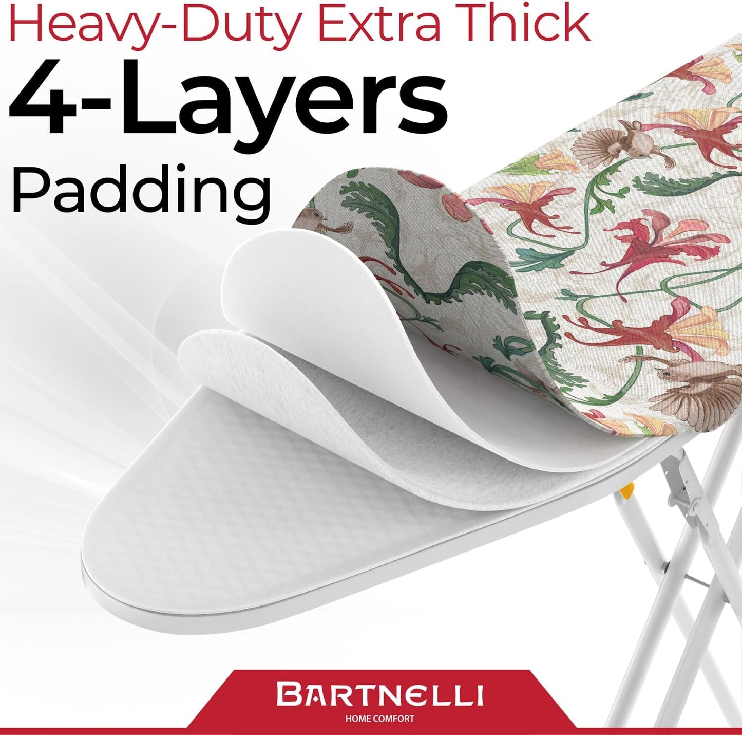 Bartnelli Ironing Board | Vintage Design by Anna Handel, Comfortable Ironing with Thick Padding & Eco-Friendly Cover | 13x43 Space-Saving with Smart Folding & Hanging, Effortless Ironing, White