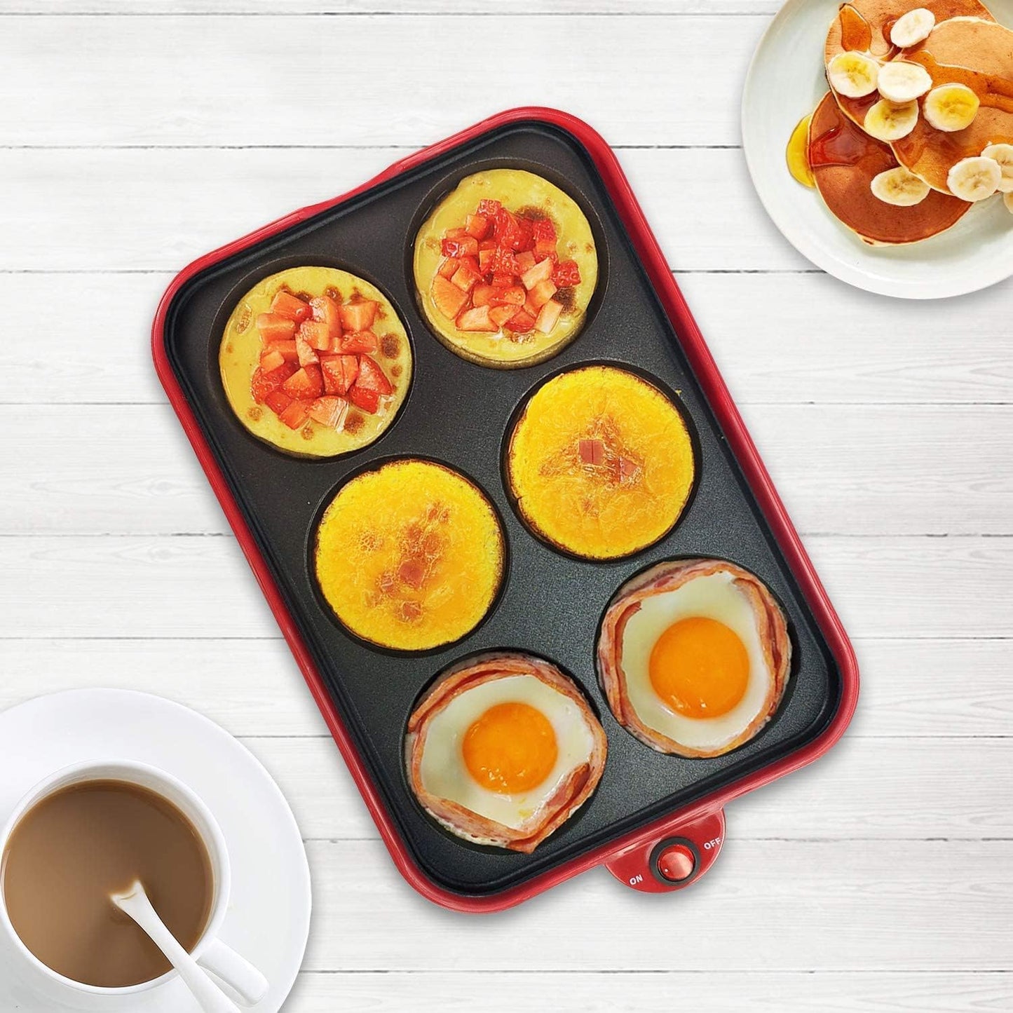 Multifunction Nonstick Baking Maker with 3 Interchangeable Plates for Fried Eggs/ Steak, Takoyaki, Cake Pops, Grill, RED-1