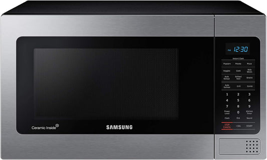 SAMSUNG 1.1 Cu Ft Countertop Microwave Oven w/ Grilling Element, Ceramic Enamel Interior, Auto Cook Options,1000 Watt, MG11H2020CT/AA, Stainless Steel, Black w/ Mirror Finish,15.8"D x 20.4"W x 11.7"H