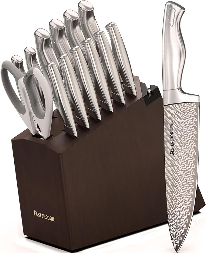 Knife Set, Astercook 15 Pcs Knife Sets for Kitchen with Block, Dishwasher Safe Kitchen Knife Set with Built-in Sharpener, German Stainless Steel Knife Block Set