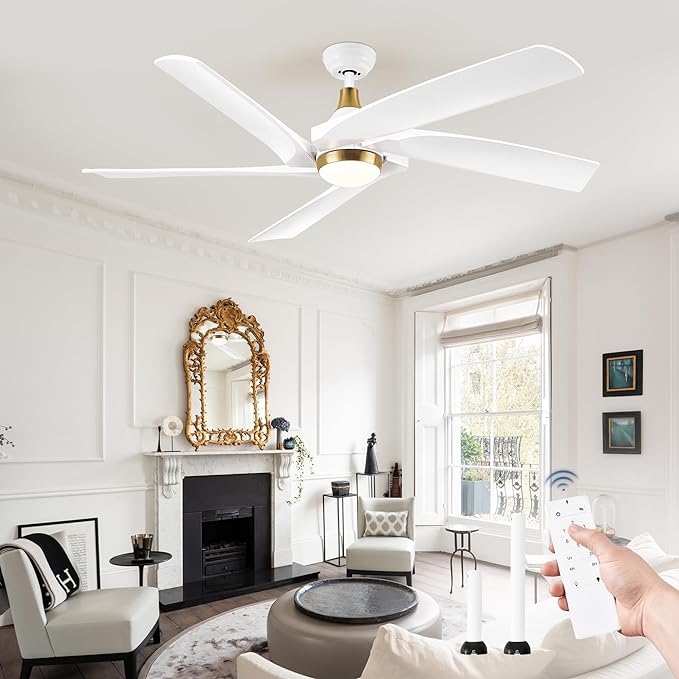 60 Inch Ceiling Fans with Lights and Remote,5 Blades Modern Large Ceiling Fan with 3CCT,6 Speed Reversible Quiet DC Motor,White Indoor/Outdoor Ceiling Fan for Living Room,Bedroom,Patio