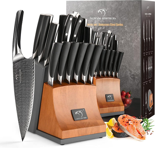 Knife Set, NANFANG BROTHERS 15-Piece Damascus Kitchen Knife Set with Block, ABS Ergonomic Handle for Chef Knife Set, Carving Fork, Disconnect-type Knife Block Set