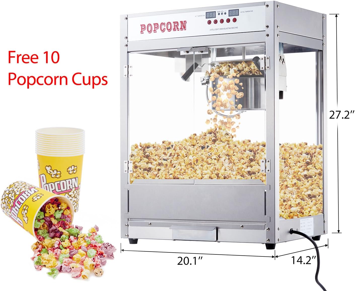 8OZ Popcorn Machine for Movie Night, Popcorn Popper Machine with 10 PACK Popcorn Buckets, Temperature Control with Digital Display,Old Fashion Popcorn Machine Movie Theater Style