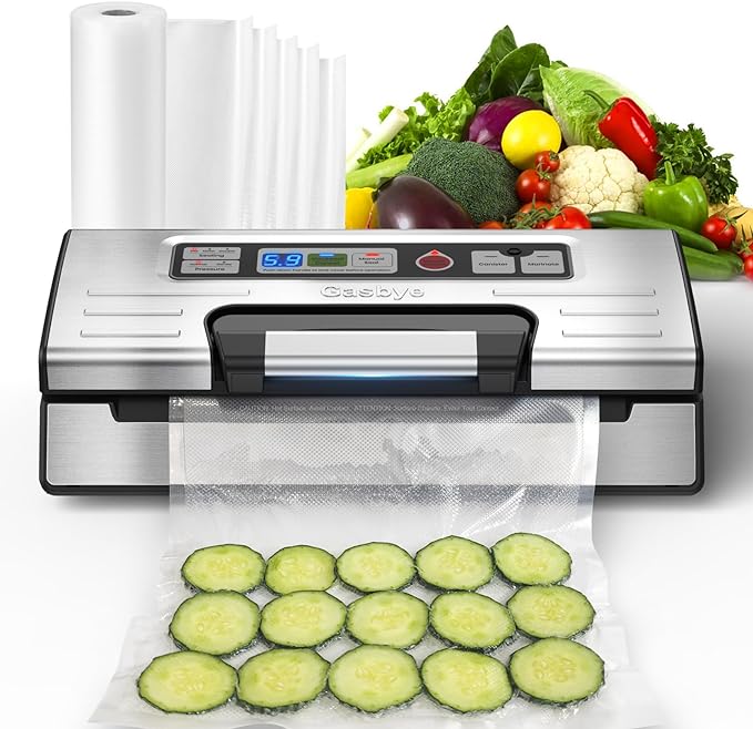 Vacuum Sealer Machine, 90kPa Food Sealer with Double Heat Seal for Dry/Moist Food, Easy-lock Handle, Built-in Bag Storage & Cutter, Progress Display, Removable Drip Tray, Stainless Steel Silver