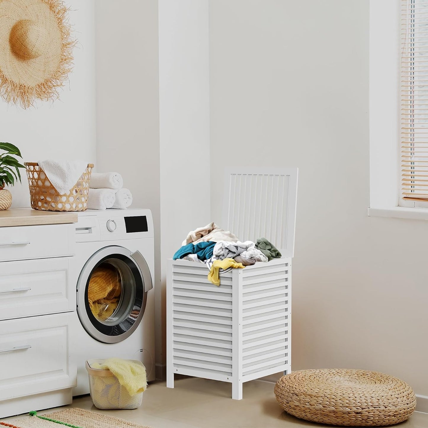 Bamboo Laundry Hamper with Lid, 95L Laundry Basket with Removable Liner Bag, 2-Section Laundry Sorter for Home Bathroom Bedroom - White