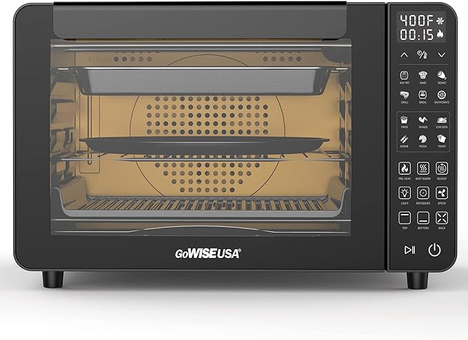 GoWISE USA 25-Quart Air Fryer Oven & Professional Dehydrator with 3 Heating Elements & Rotisserie, 12 Functions, Preheat & 5 Cooking Levels – Fits 12-Inch Pizza, 11 Accessories and Stainless Steel