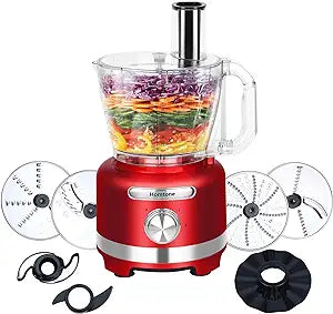 Homtone 16 Cup Food Processor, French-Fry-Cutter Food Processors, 9 Functions 7 Blades for Shredding, Slicing, Doughing, Emulsfying and Meat Vegetable Chopping for Home Use, 3 Speeds, 600W, Red