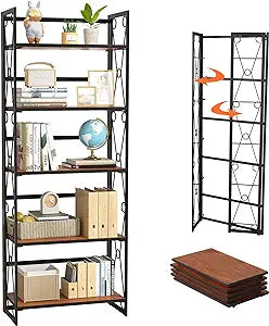 VECELO Bookshelf No Assembly, 5 Shelf Folding Bookcase, Industrial Metal Frame Book Shelves Organizer for Living Room, Office,Brown, 1 Set