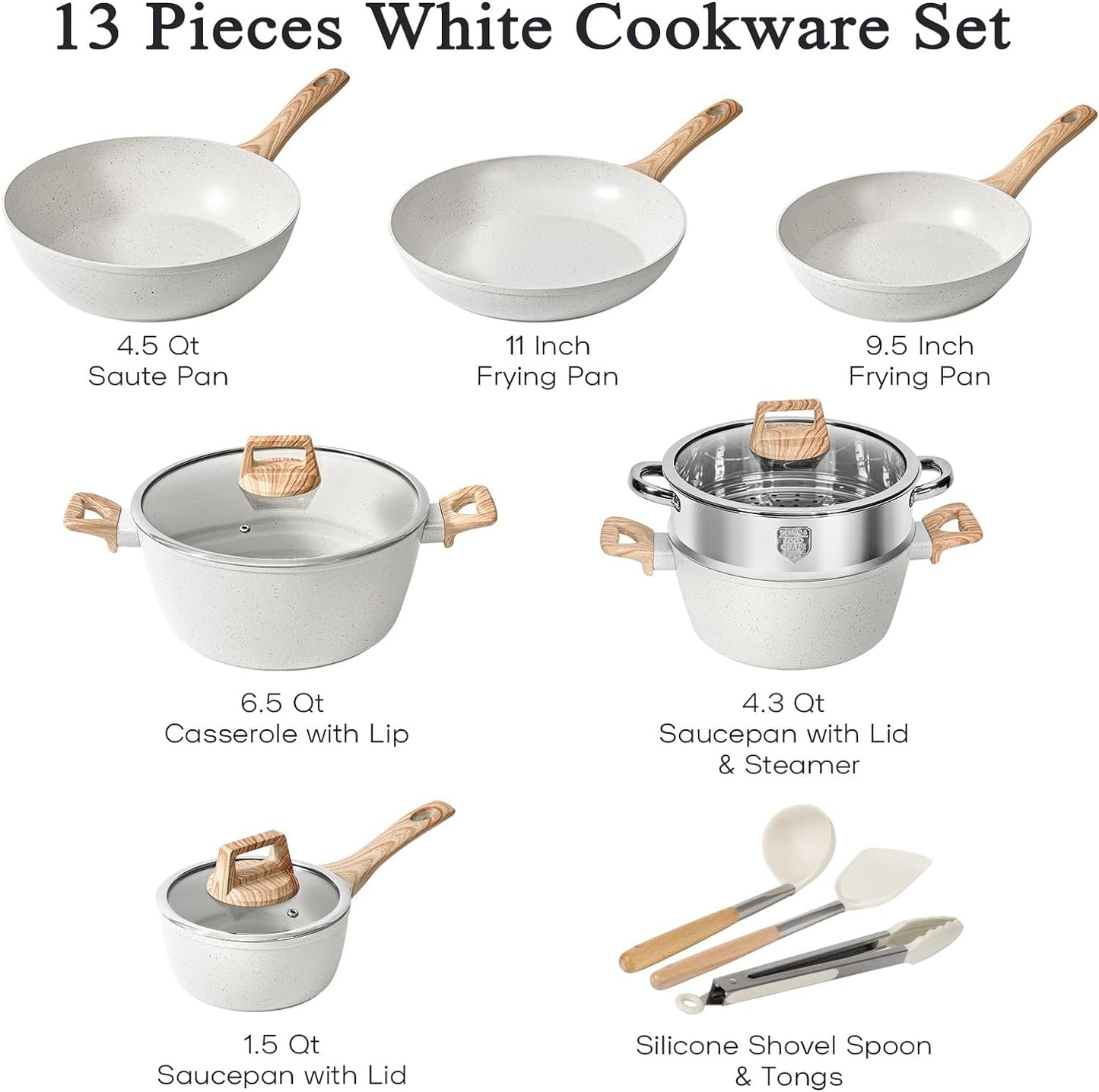 Pots and Pans Set Non Stick, 13 Pcs Kitchen Cookware Sets White Granite Nonstick Cooking Set with Frying Pans, Saucepans, Steamer Silicone Shovel Spoon & Tongs (PFOS, PFOA Free)