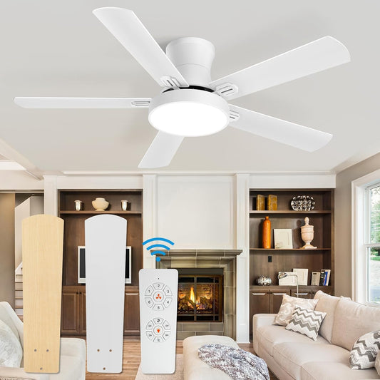 Ceiling Fans with Lights, 52 Inch Flush Mount Fan Light with Remote Control, 6 Speeds, DC Reversible Motor, Timing, 3 Color Temperature White Ceiling Fan for Bedroom Indoor Outdoor Use