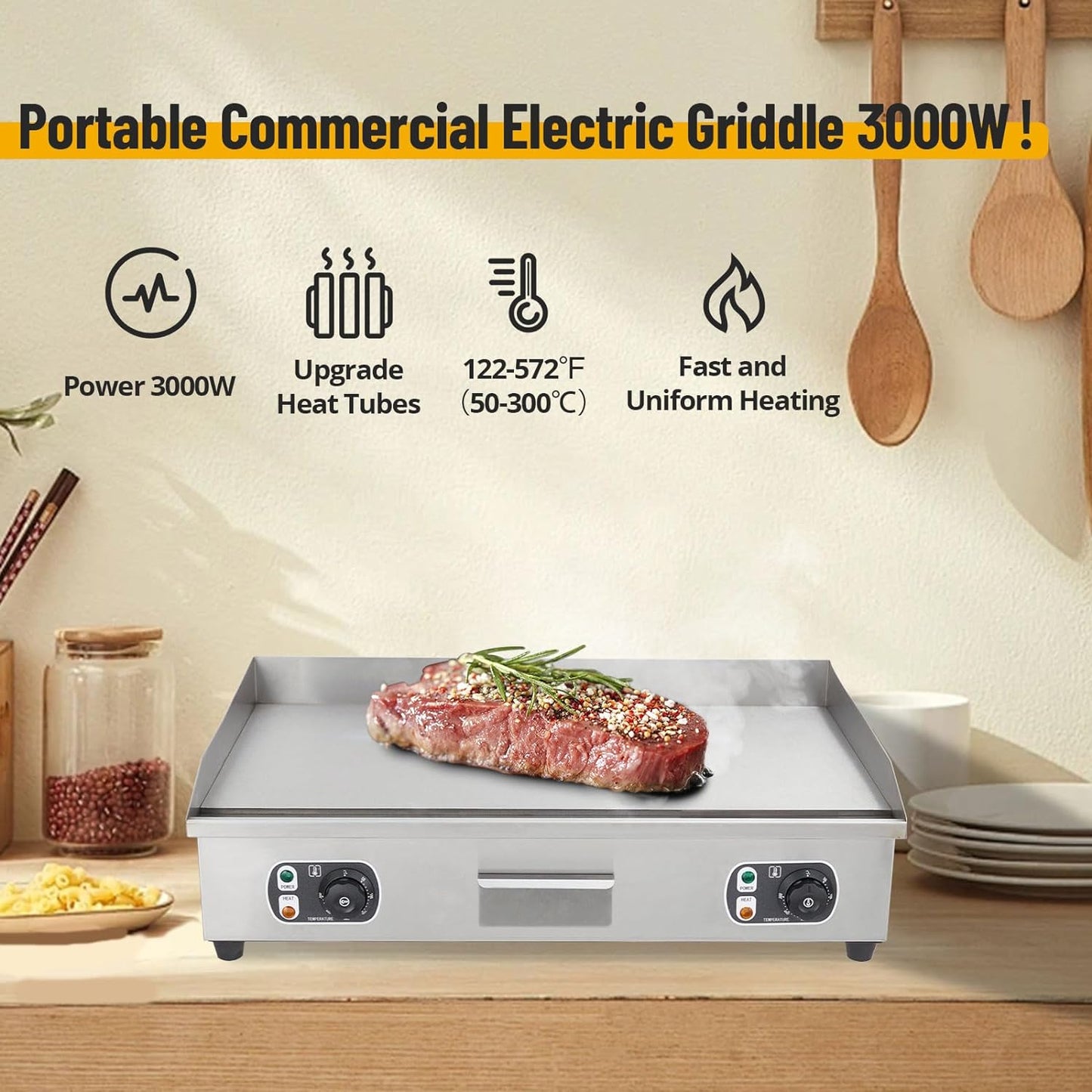 29" Commercial Electric Griddle with Precise Temperature Control 122°F-572°F, 3000W Stainless Steel Electric Grill,Flat Top Countertop Griddle for Kitchen Restaurant, 110V 60HZ (No Plug)