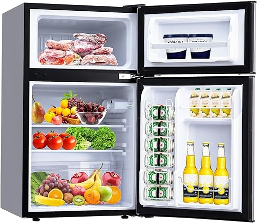 Mini Refrigerator with Freezer, 91L Capacity with Adjustable Thermostat, Fresh Drawer, Removable Glass Shelves, Mini Refrigerator for Bedroom/Cubicle/Office Food Storage Cooled Beverages, Black