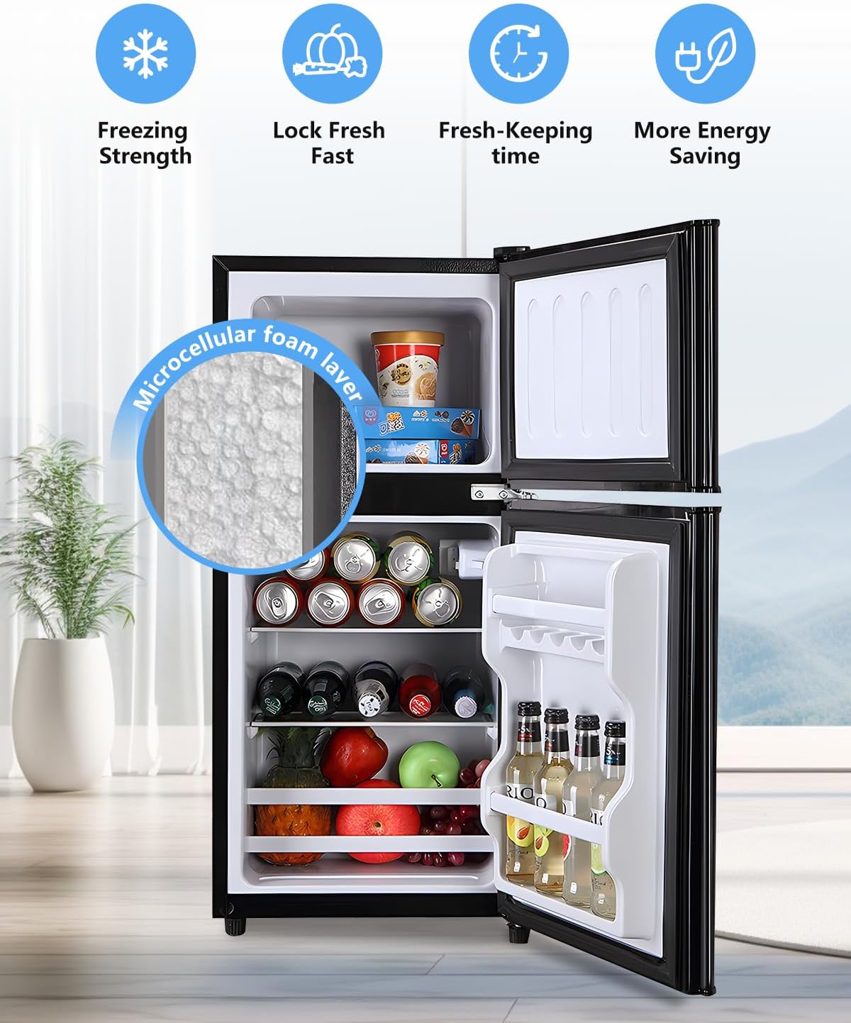 FLS-80-BLACK 3.5Cu.Ft Compact Refrigerator, Retro Fridge with Dual Door, Small Refrigerator with freezer,7 Level Adjustable Thermostat for Garage, Dorm,Bedroom