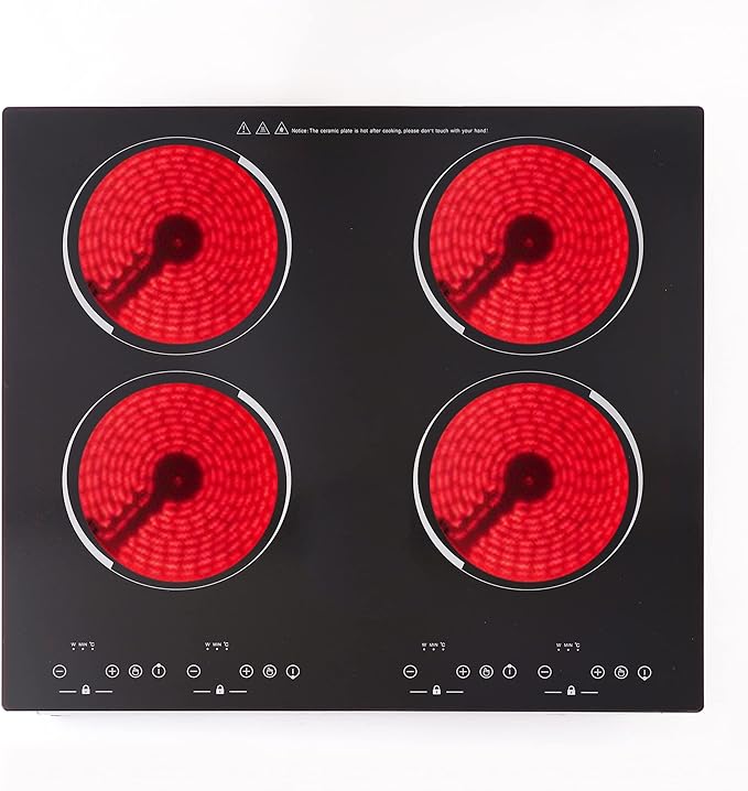 Electric Cooktop 24" Built in Electric Stove Top 4 Burner Electric Cooktop 9 Power Levels Child Safety Lock 220V~240V 6000W Electric Radiant Cooktop With Touch Control (4 Cooktops)