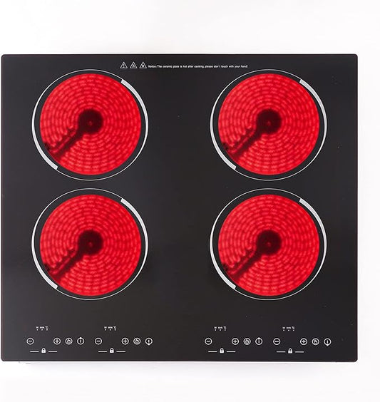 Electric Cooktop 24" Built in Electric Stove Top 4 Burner Electric Cooktop 9 Power Levels Child Safety Lock 220V~240V 6000W Electric Radiant Cooktop With Touch Control (4 Cooktops)