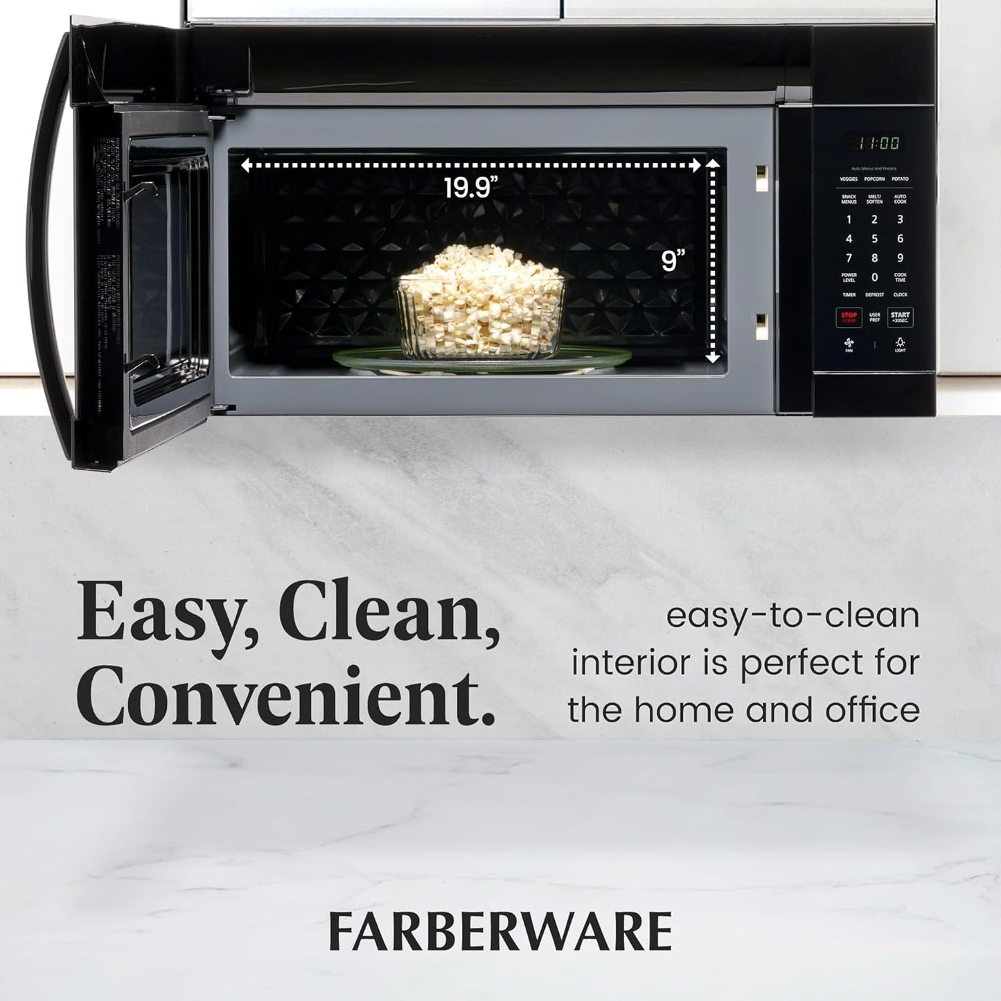 Farberware Over-the-Range Microwave Oven, 1.7 Cu. Ft. - 1000W - Auto Reheat, Multi-Stage Cooking, Melt/Soften Feature, Child Safety Lock, LED Display - Space Efficient & Powerful - Black