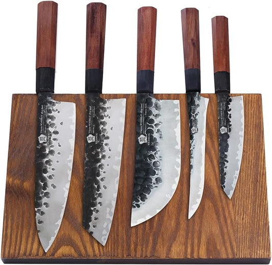 WILDMOK Knife Block Set High Carbon 3 Layers 9CR18MOV Clad Steel Forged 6 Piece Knife Set with Ash Wood Magnetic Knife Block