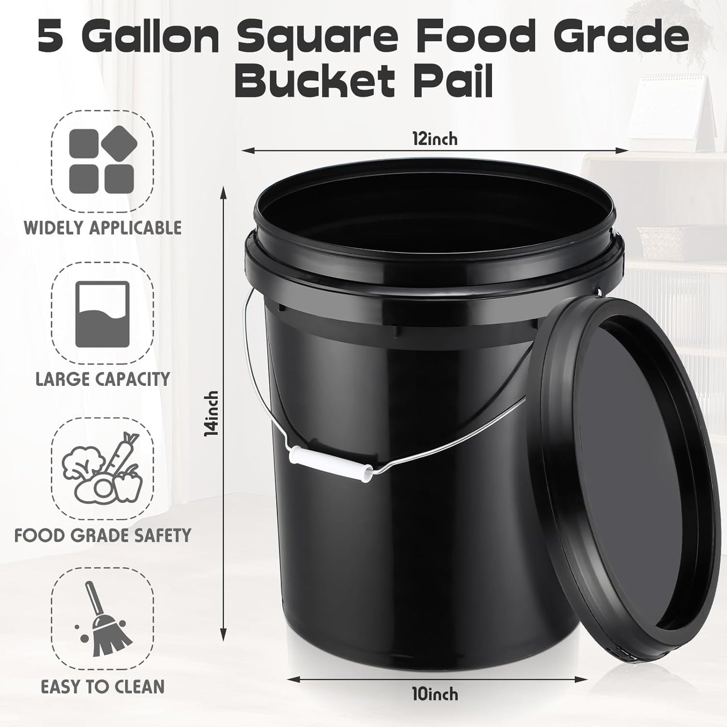 6 Pack 5 Gallon Bucket Black Pail Storage Food Container Buckets with Lid Handle Heavy Duty Black Plastic Bucket with DIY Label Sticker for Home Improvement Household Cleaning Flour Rice