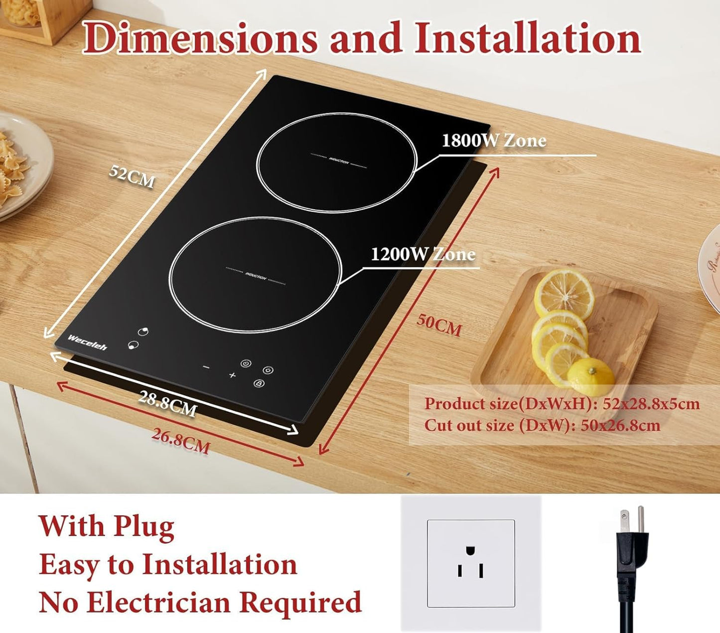 12" Electric Induction Cooktop with 2 Burners,3300W, Sensor Touch Control,Child Safety Lock, 9 Heating Levels, 99 Minutes Timer,Plug-In Top for 110-120V.