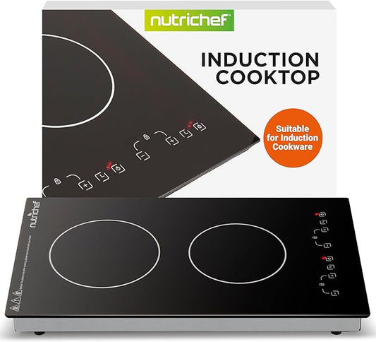 NutriChef Dual Induction Cooktop - 2 Glass Countertop Burner Zones, Adjustable Temperature Settings, 1800W Electric Cooker, Digital Touch Sensors, Portable Induction Hot Plate