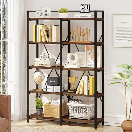 BON AUGURE Industrial Bookshelves and Bookcases, Farmhouse Large Book Shelves, 5 Tier Heavy Duty Open Bookcase, Tall Wood Metal Shelving Unit for Living Room, Bedroom, Office (Rustic Oak)