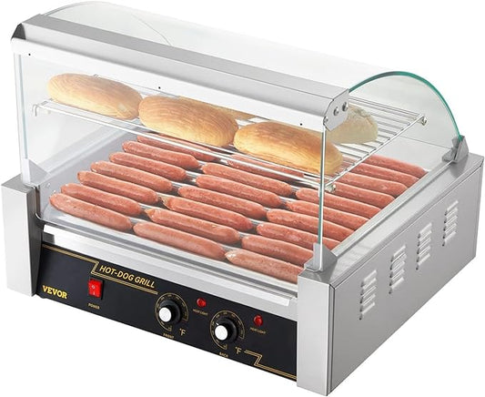 VEVOR Hot Dog Roller, 11 Rollers 30 Hot Dogs Capacity, 1650W Stainless Sausage Grill Cooker Machine with Dual Temp Control Glass Hood Acrylic Cover Bun Warmer Shelf Removable Drip Tray, ETL Certified